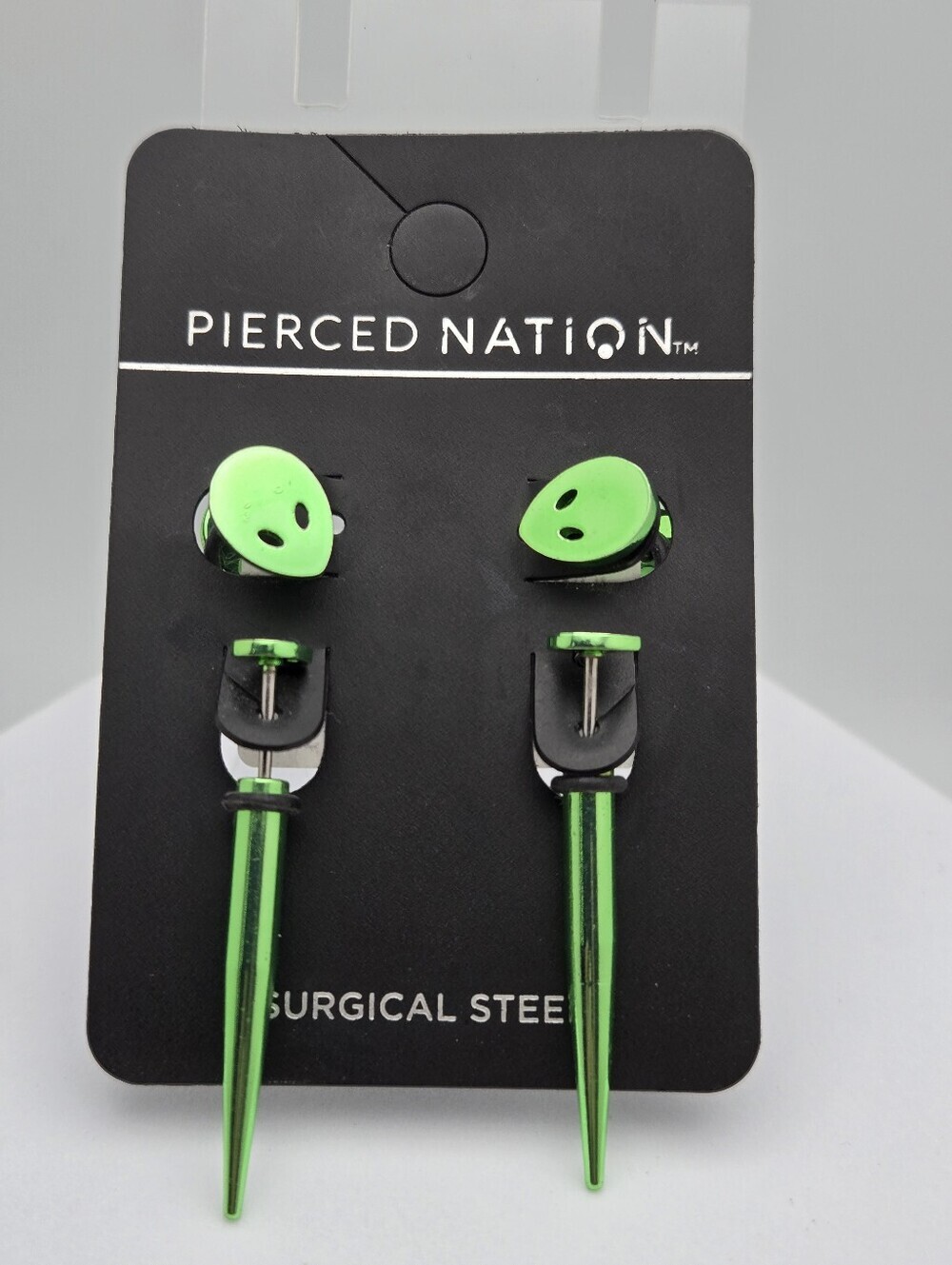 Pierced Nation Green Alien Faux Taper Earrings Surgical Steel 1.5" New Pair